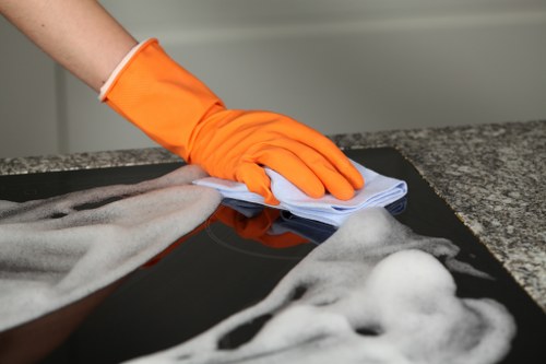 Professional domestic cleaner dusting a modern London living room